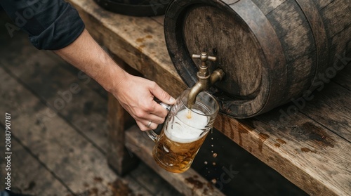 Hand Pouring Craft Beer from Wooden Barrel into Glass Mug at Traditional Pub