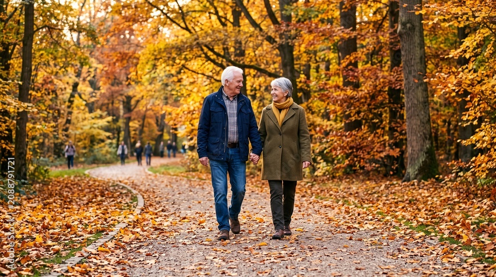 Fototapeta premium Elderly Couple Holding Hands Walking on Autumn Forest Path Covered in Leaves