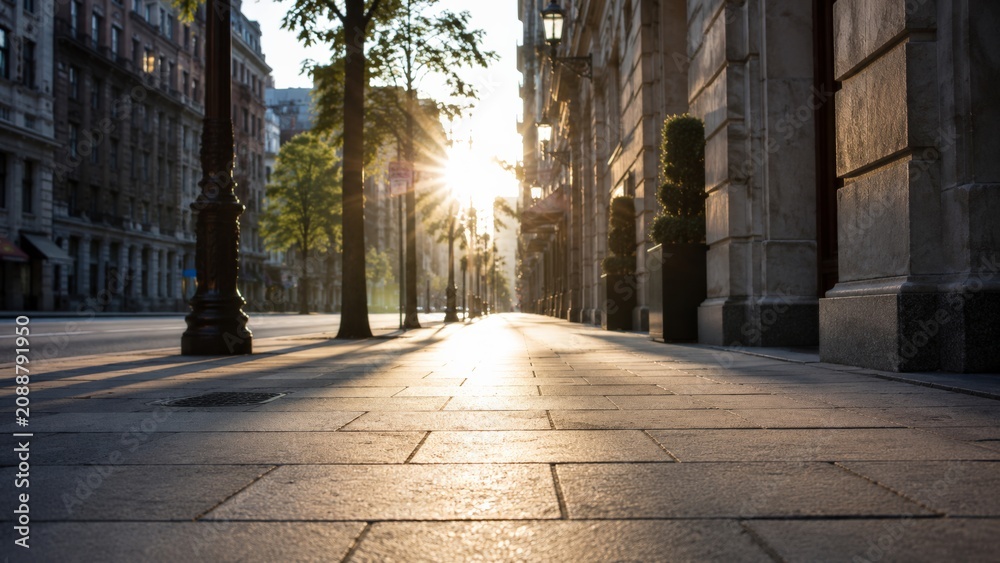 Obraz premium Sunlight bursting over empty city sidewalk at golden hour.