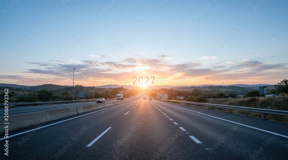 Fototapeta premium Future 2027 highway road stretching into sunset horizon representing new beginnings and business growth opportunities
