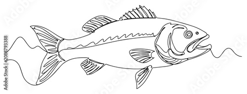 Bild auf Leinwand One line drawing of a bass fish jumping out of water for fishing sports concept