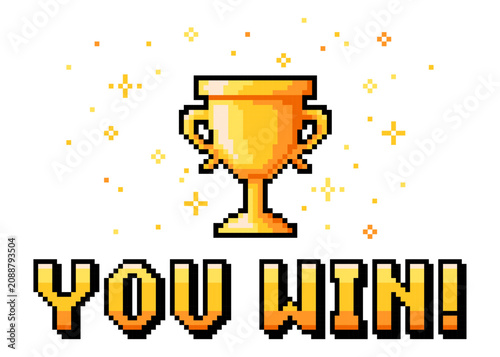 Foto Pixel art you win text with winner golden cup and stars on white  background