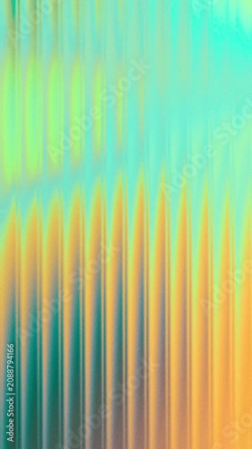 Abstract motion background with dynamic refracted light flowing through ribbed fluted glass texture. Iridescent prismatic liquid gradient in orange, teal, blue, mint, cyan, yellow. Optical distortion