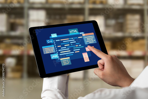 Konstfotografi Software development or programming work with coding screen of various programmi
