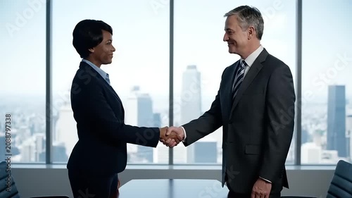 Professional Businesswoman and Businessman Shaking Hands in a Modern Office with City Skyline View