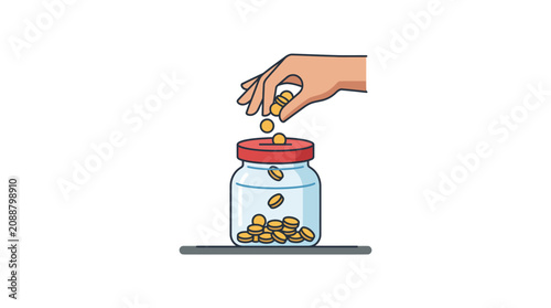 Hand dropping coins into glass jar, saving money concept