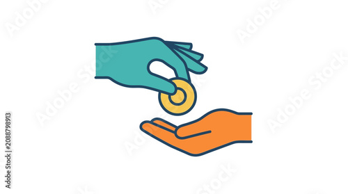 Hand giving coin to another hand, charity and donation concept