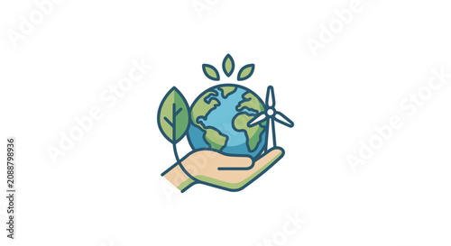 Hand holding planet Earth with wind turbine and leaf