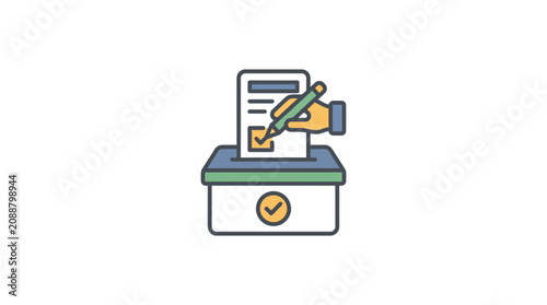 Hand with pen voting ballot in election box, icon style