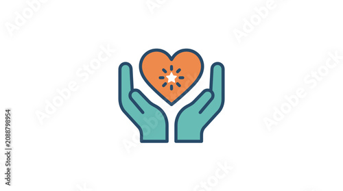 Hands holding a heart icon with starburst