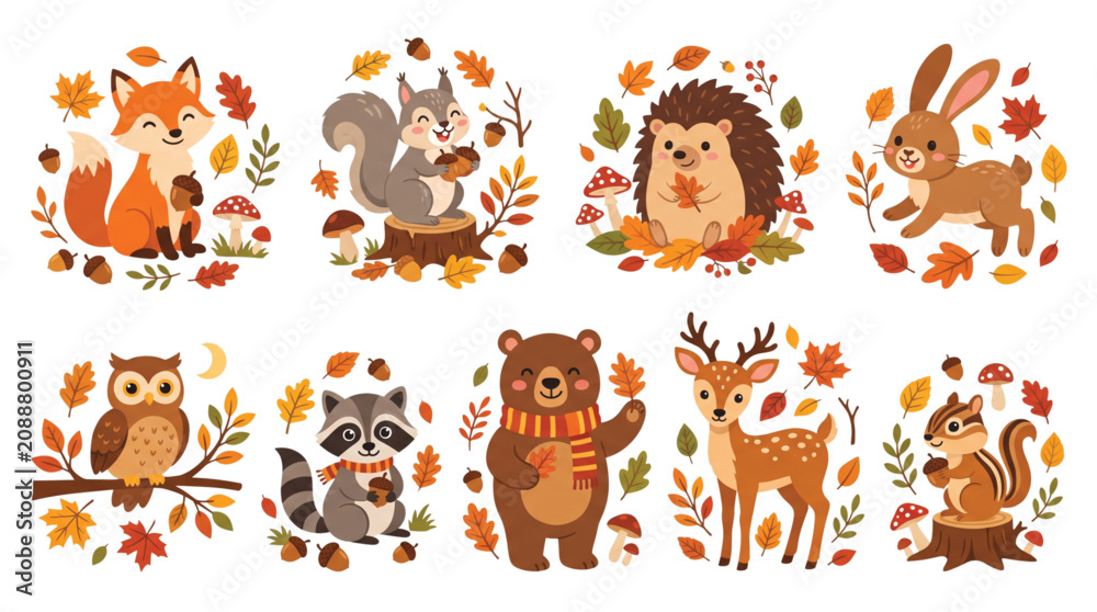 Naklejka premium Cute forest animals vector illustrations in autumn wreaths with fox bear deer owl and squirrel