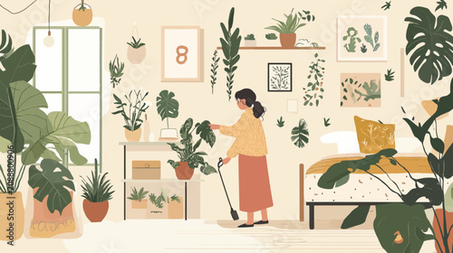 Woman tending to indoor plants in a cozy room