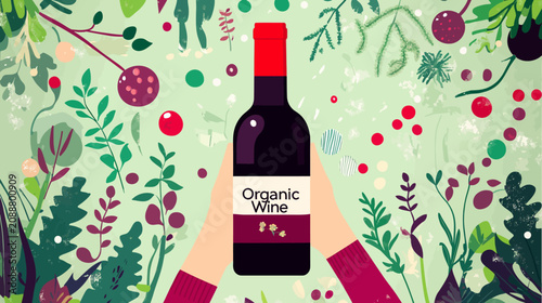 Hands hold organic wine bottle amidst botanical illustration