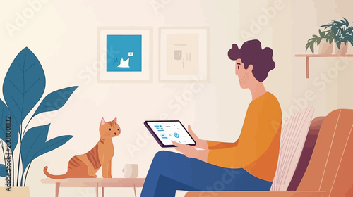 Person and cat using tablet on sofa illustration