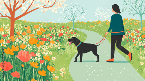 Person walking dog on path through flower field