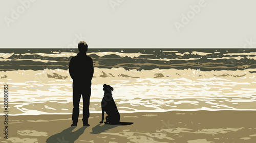 Man and dog on beach looking at ocean
