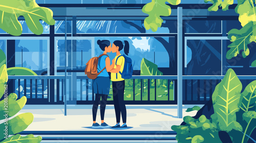 Two women kissing outdoors with backpacks