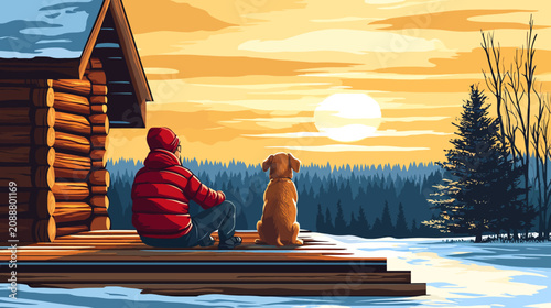 Person and dog watch sunset from wooden cabin porch in winter
