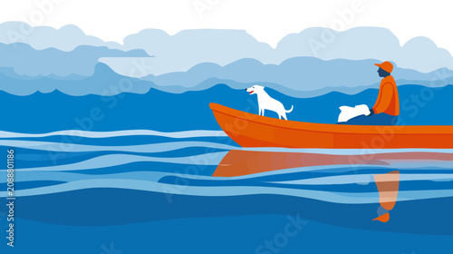 Man and dog in boat on water
