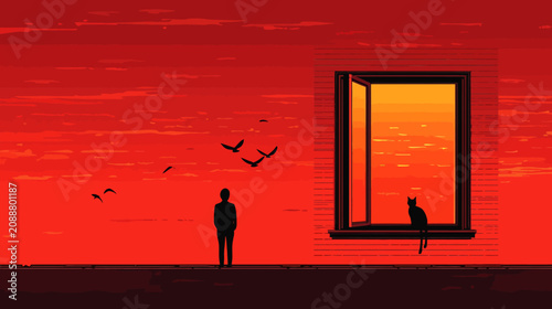 Solitary figure and cat observe fiery sunset sky