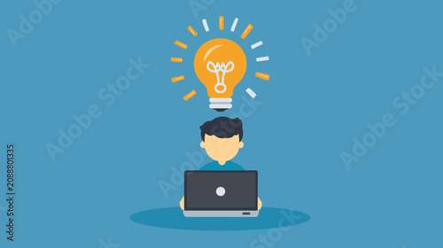 Person working on laptop with glowing idea bulb overhead