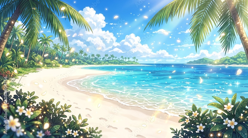 Fototapeta premium Stunning tropical beach scene featuring white sands and crystal clear turquoise ocean waters under a vibrant blue sky filled