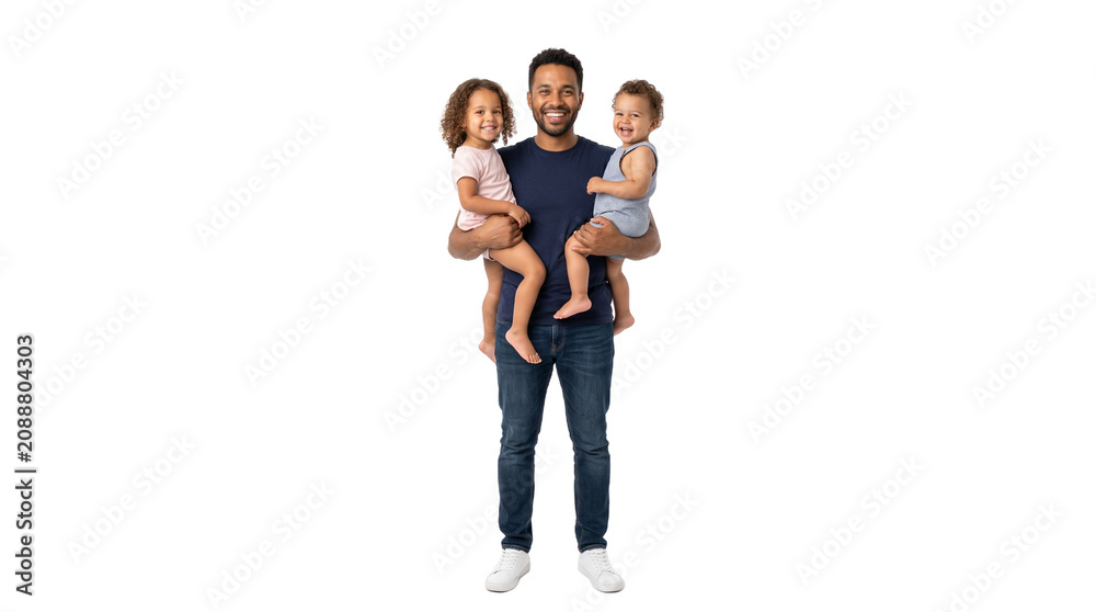 Fototapeta premium Happy Father Holding Two Young Children With Smiles on White Background