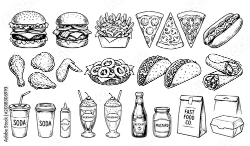 Fotografija Vintage Hand Drawn Fast Food Vector Illustration Set with Burgers Pizza Fries Ho