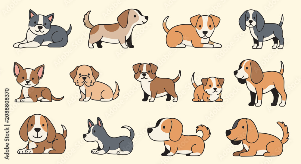 Fototapeta premium Set of thirteen cute cartoon dog vector illustrations including various breeds like beagles, chihuahuas, and terriers in different poses on a plain cream background.