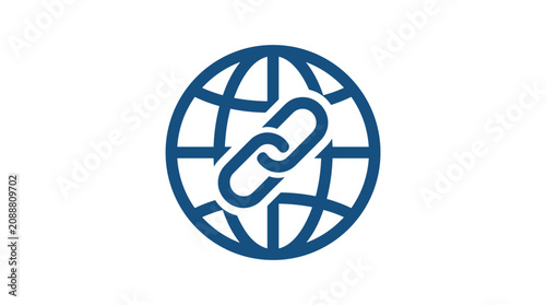Global connection icon with a chain link symbol representing internet connectivity and worldwide network links