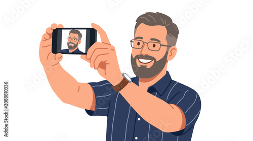 Man with beard and glasses taking a selfie with his smartphone, smiling and looking at the camera