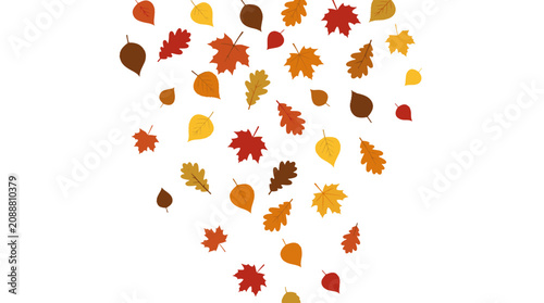 Autumn leaves falling in various colors and shapes on a white background, a seasonal illustration