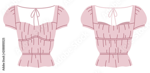 Fotografía Pink smocked top with square neckline, short puff sleeves fitted bodice gathered texture and waist shaping