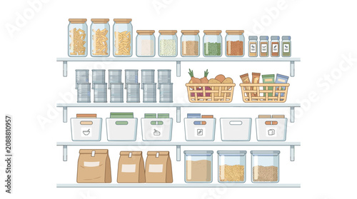 Neatly organized pantry shelves stocked with jars of pasta, grains, canned goods, and baskets of produce