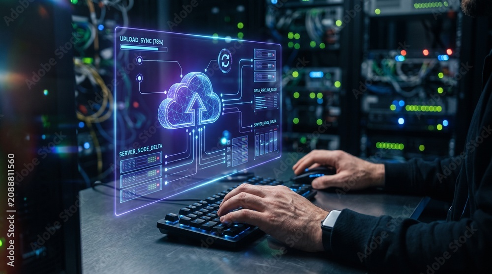 Fototapeta premium IT Specialist Typing on Keyboard Interacting with Cloud Computing Hologram in Server Room Setting