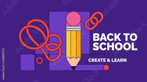 Pencil serves as the primary visual element in a back to school composition featuring linked chains and geometric forms on a purple background.
