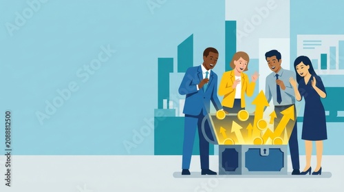 Business team looking at glowing chest with upward golden arrows and coins. Group of man and woman colleagues discussing financial growth, profit and success. Corporate investment strategy.