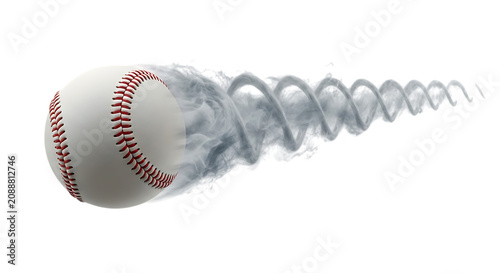Baseball ball flying through the air with a trailing spiral of white smoke, isolated on a solid dark background, representing speed and motion isolated on a transparent background