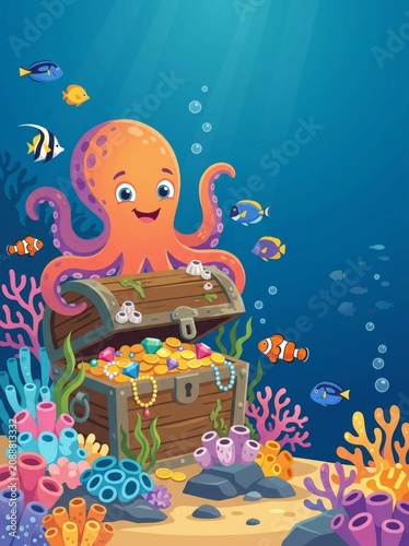 Cartoon octopus guarding a wooden treasure chest filled with gold coins and jewelry on the ocean floor. Underwater adventure with colorful tropical fish and coral reef. Marine life scene.