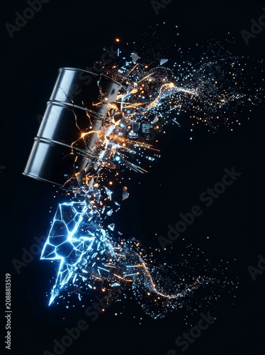 Iron barrel exploding into glowing electrical lightning bolt particles. Industrial waste transformation into clean renewable energy. Futuristic concept of energy source evolution innovation.