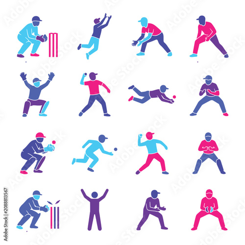 Photos Multicolor silhouettes of cricket players in defensive and offensive stances during a game