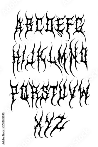 Black metal font alphabet vector. Death metal style typography set. Gothic spiked abc letters isolated on white background