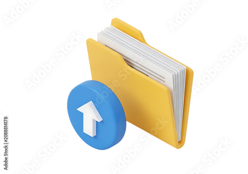 A3d rendered yellow folder containing white paper documents with a blue circular upload button featuring a white arrow pointing upwards on the side isolated on a transparent background