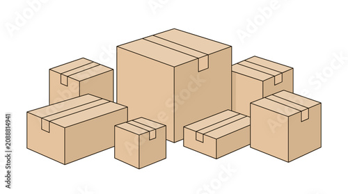 A collection of various sized cardboard boxes stacked together, isolated on a white background