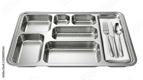 Stainless steel lunch tray with compartments and cutlery, empty metal food tray for cafeteria or prison, industrial canteen serving platter on white background