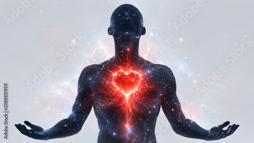 Human Silhouette Holding Open Hands with Glowing Red Heart and Energy Lines Representing Cardiovascular Health