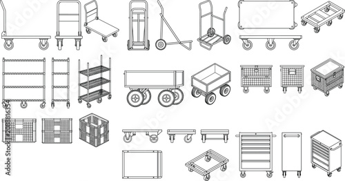 Fotografía Vector Line Art Set of Warehouse Hand Trucks Platform Carts and Storage Shelves