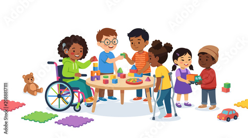 Diverse children with disabilities playing together with toys and building blocks at a table
