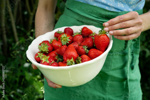 Close-up of a woman standing in a summer garden holding a bowl of freshly picked strawberries