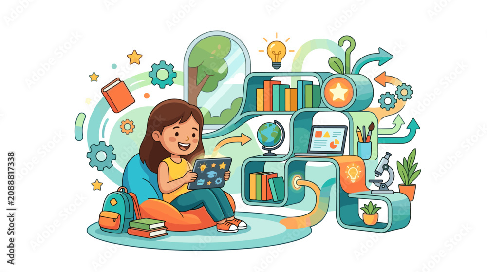 Fototapeta premium Young girl engaged in online learning with a tablet surrounded by educational elements